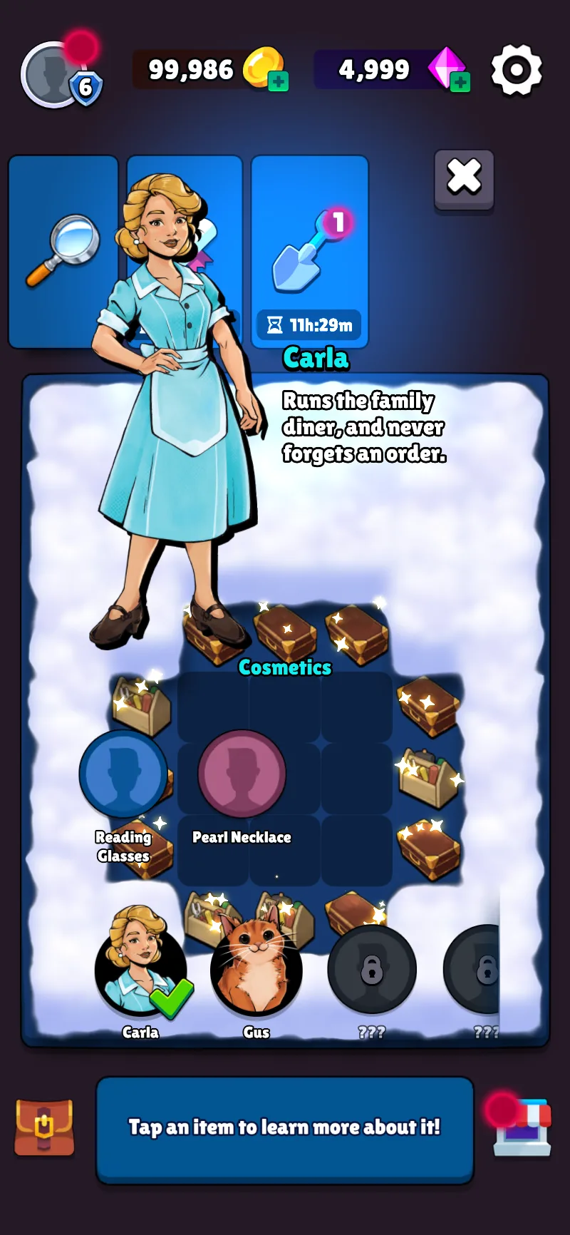 The wardrobe, with outfits and accessories to dress a character in.