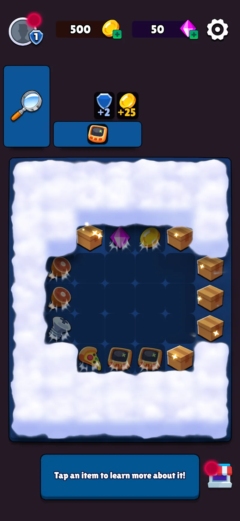 The moment after a merge: a bonus reward and fresh finds burst onto the board.